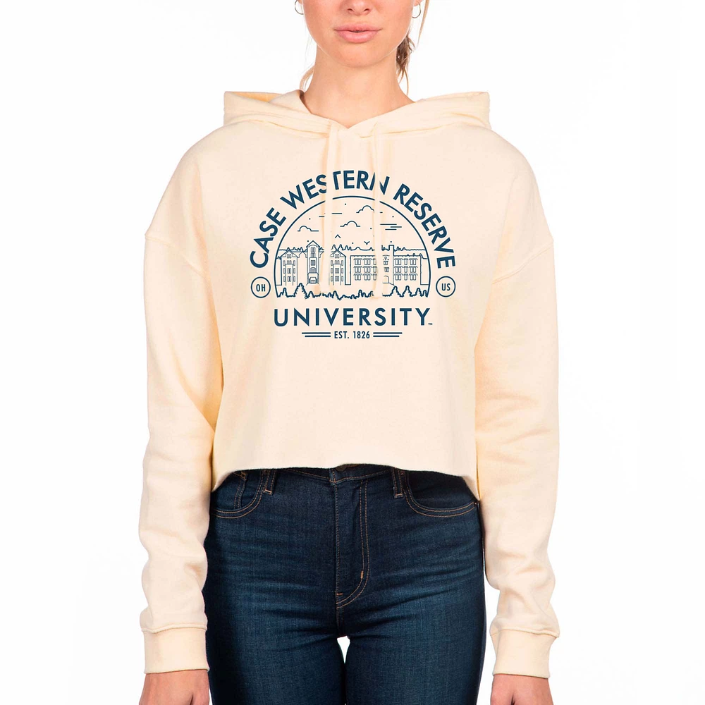 Women's Uscape Apparel Cream Case Western Reserve University Circle Scene Raw Edge Cropped Pullover Hoodie