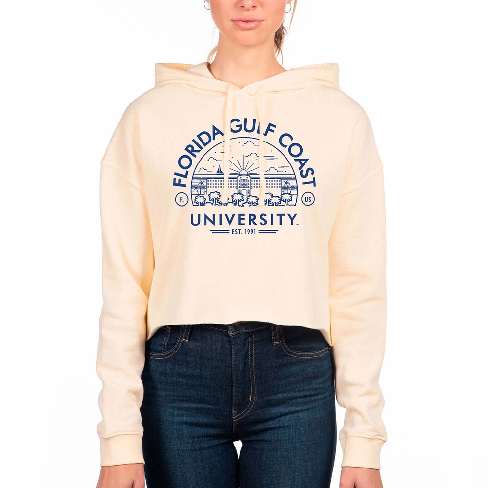 Women's Uscape Apparel Cream Florida Gulf Coast Eagles Circle Scene Raw Edge Cropped Pullover Hoodie