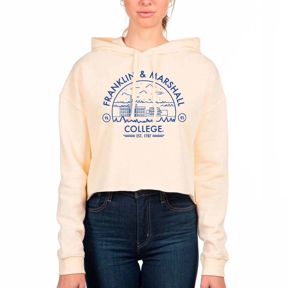 Women's Uscape Apparel Cream Franklin & Marshall Diplomats Circle Scene Raw Edge Cropped Pullover Hoodie