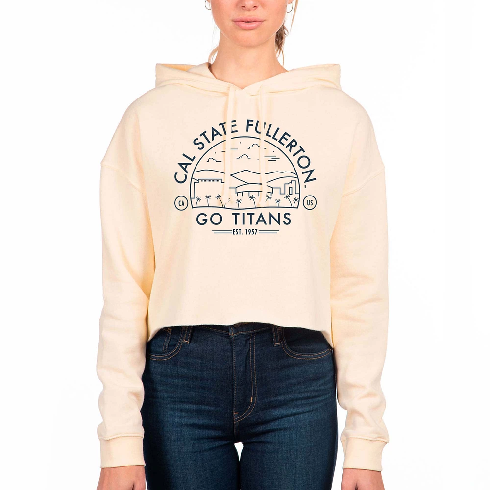 Women's Uscape Apparel Cream Cal State Fullerton Titans Circle Scene Raw Edge Cropped Pullover Hoodie