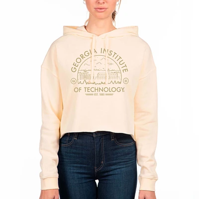 Women's Uscape Apparel Cream Georgia Tech Yellow Jackets Circle Scene Raw Edge Cropped Pullover Hoodie