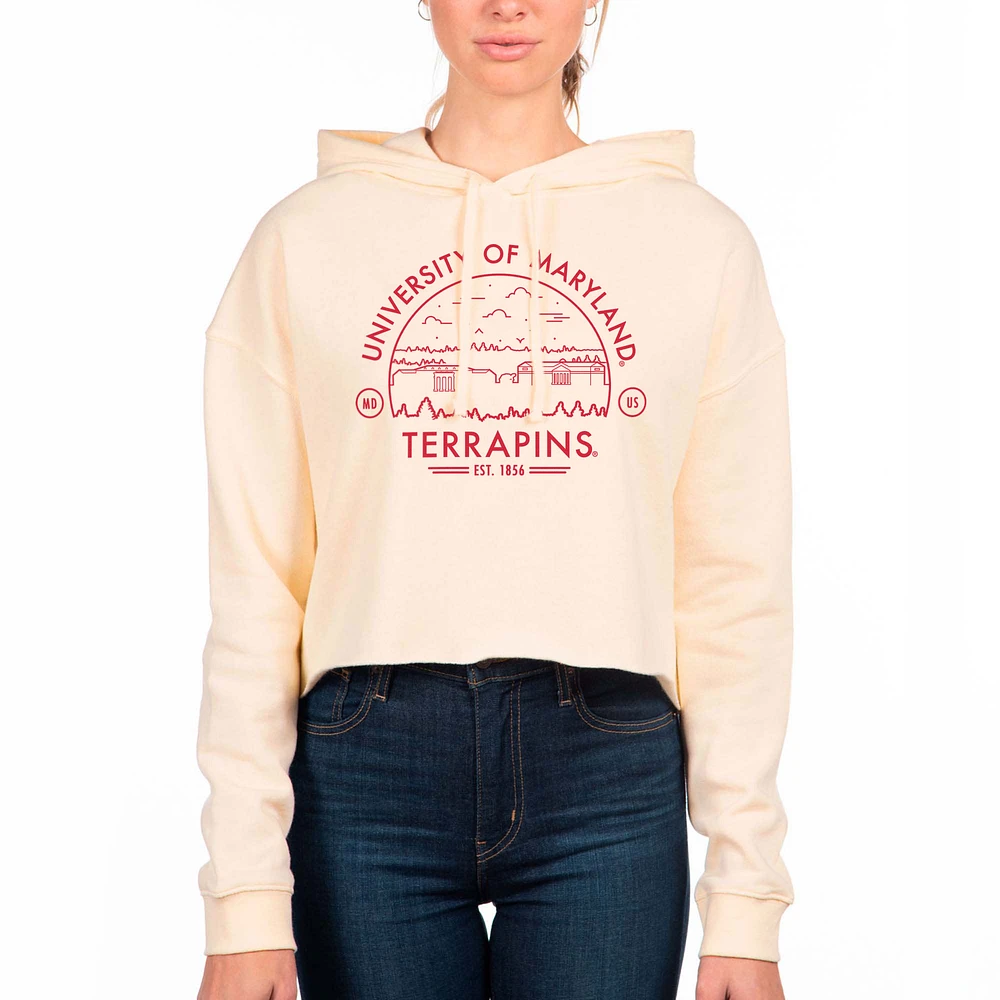 Women's Uscape Apparel Cream Maryland Terrapins Circle Scene Raw Edge Cropped Pullover Hoodie