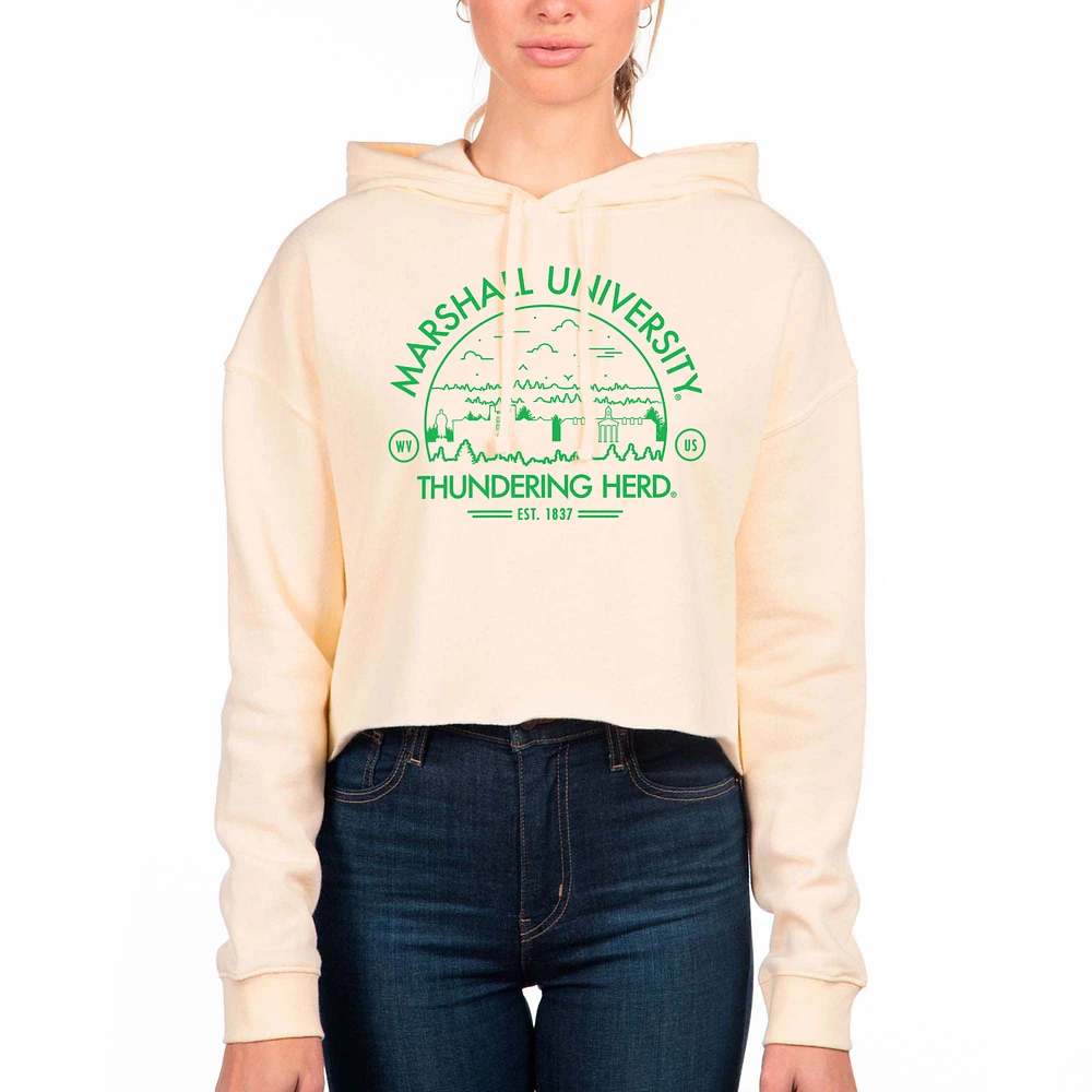Women's Uscape Apparel Cream Marshall Thundering Herd Circle Scene Raw Edge Cropped Pullover Hoodie
