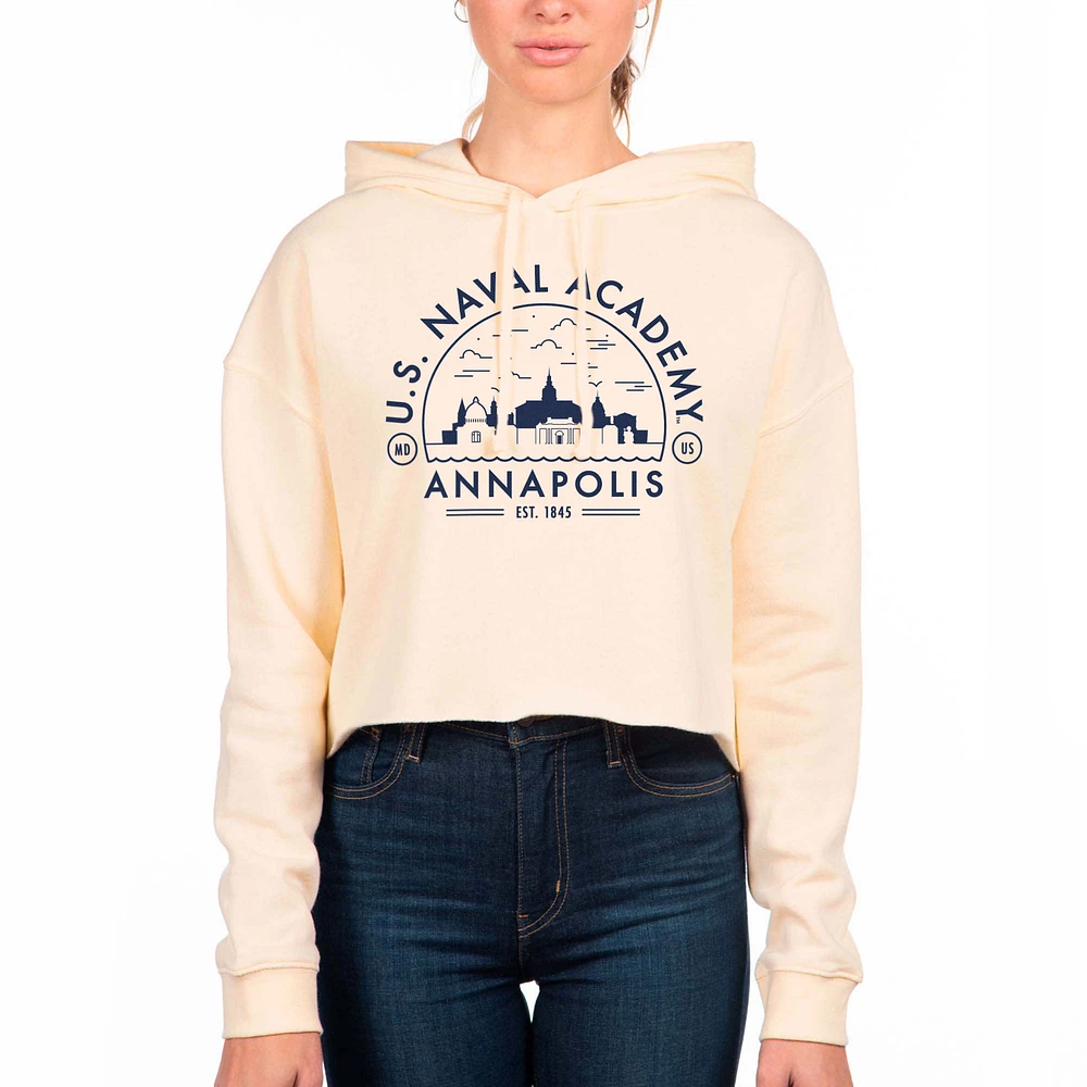 Women's Uscape Apparel Cream Navy Midshipmen Circle Scene Raw Edge Cropped Pullover Hoodie