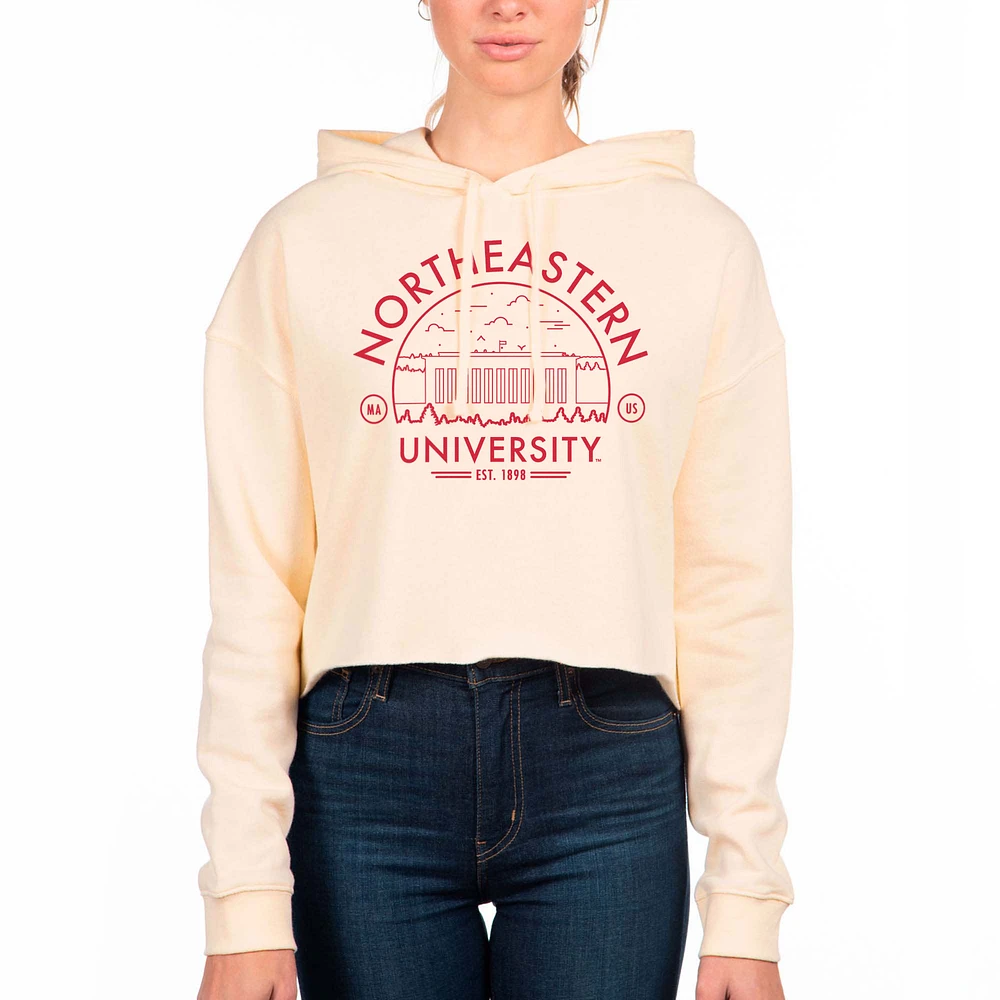 Women's Uscape Apparel Cream Northeastern Huskies Circle Scene Raw Edge Cropped Pullover Hoodie