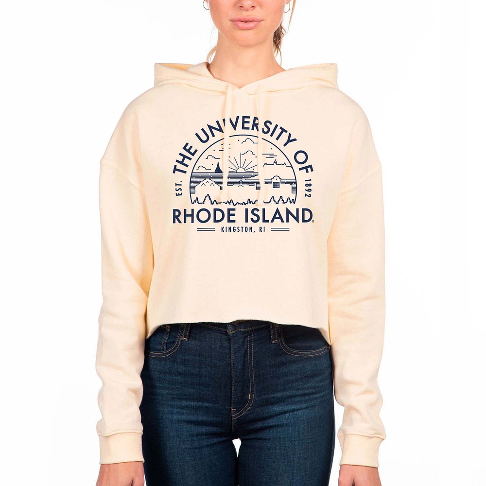 Women's Uscape Apparel Cream Rhode Island Rams Circle Scene Raw Edge Cropped Pullover Hoodie