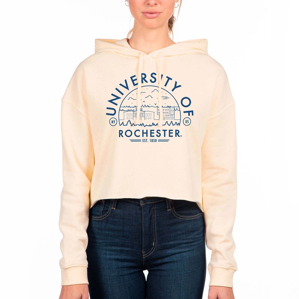Women's Uscape Apparel Cream Rochester Yellow Jackets Circle Scene Raw Edge Cropped Pullover Hoodie