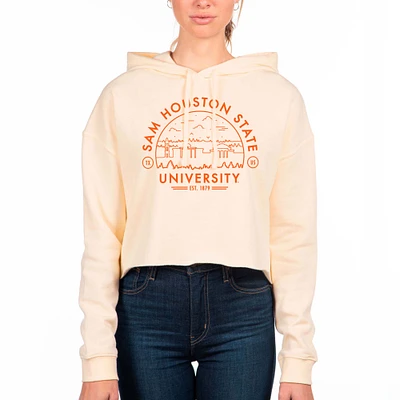 Women's Uscape Apparel Cream Sam Houston State Bearkats Circle Scene Raw Edge Cropped Pullover Hoodie