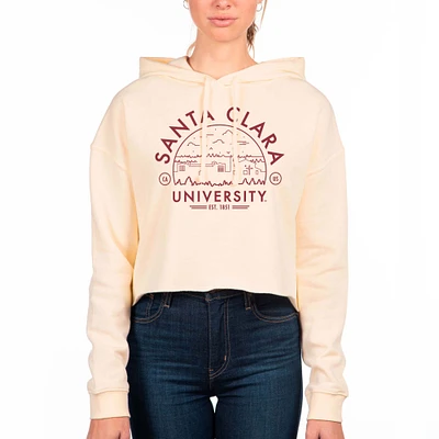 Women's Uscape Apparel Cream Santa Clara Broncos Circle Scene Raw Edge Cropped Pullover Hoodie