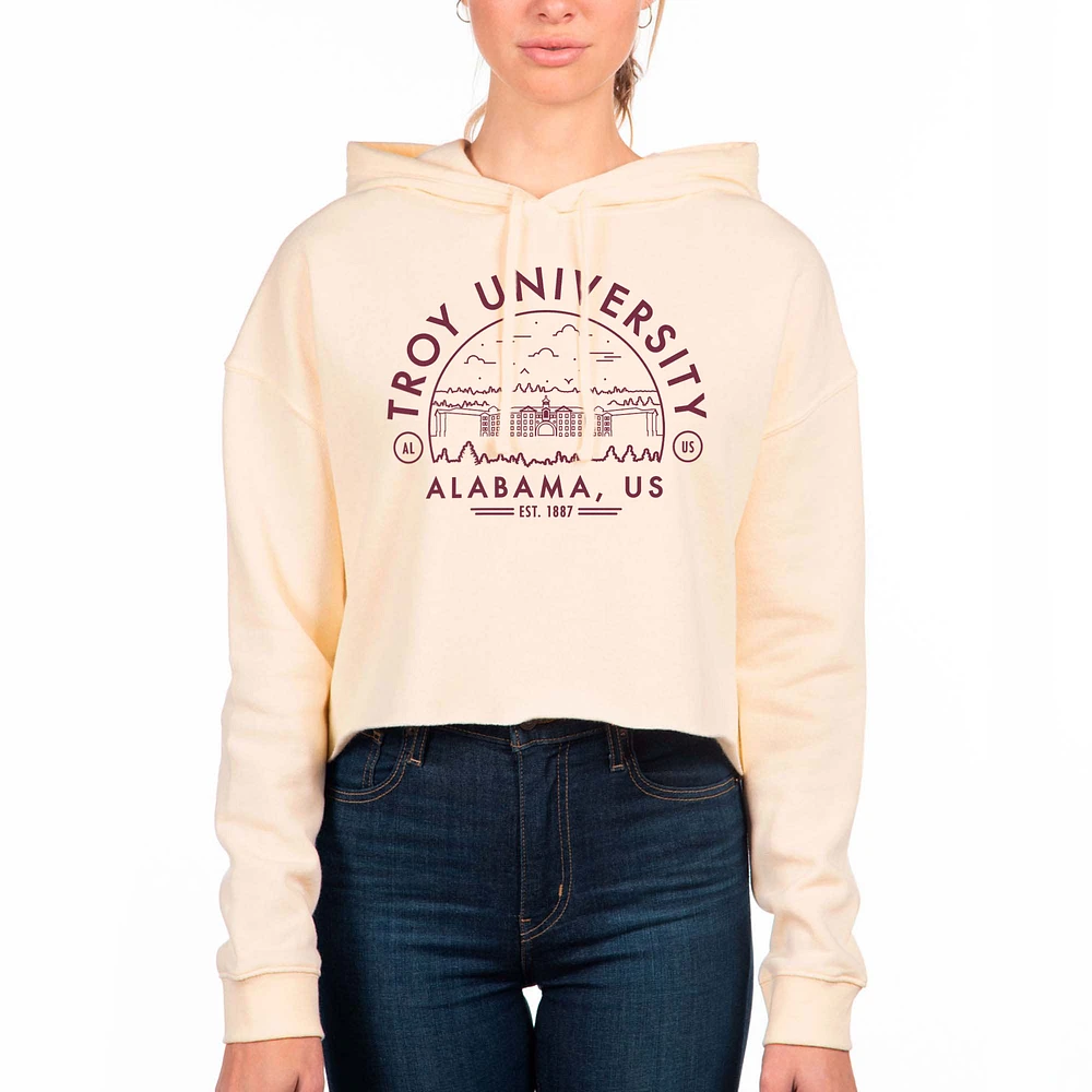 Women's Uscape Apparel Cream Troy University Trojans Circle Scene Raw Edge Cropped Pullover Hoodie