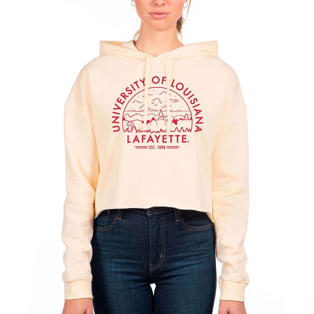 Women's Uscape Apparel Cream Louisiana Ragin' Cajuns Circle Scene Raw Edge Cropped Pullover Hoodie