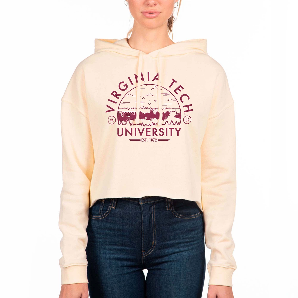 Women's Uscape Apparel Cream Virginia Tech Hokies Circle Scene Raw Edge Cropped Pullover Hoodie