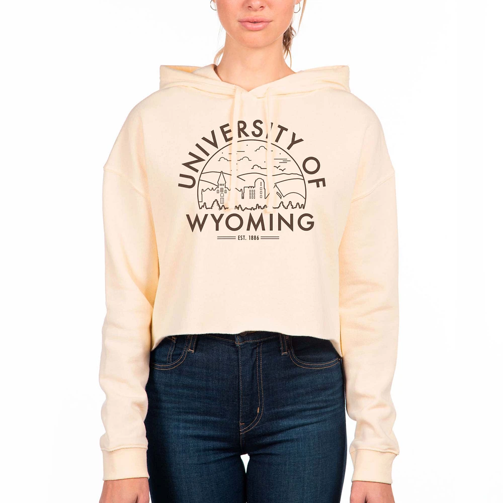 Women's Uscape Apparel Cream Wyoming Cowboys Circle Scene Raw Edge Cropped Pullover Hoodie
