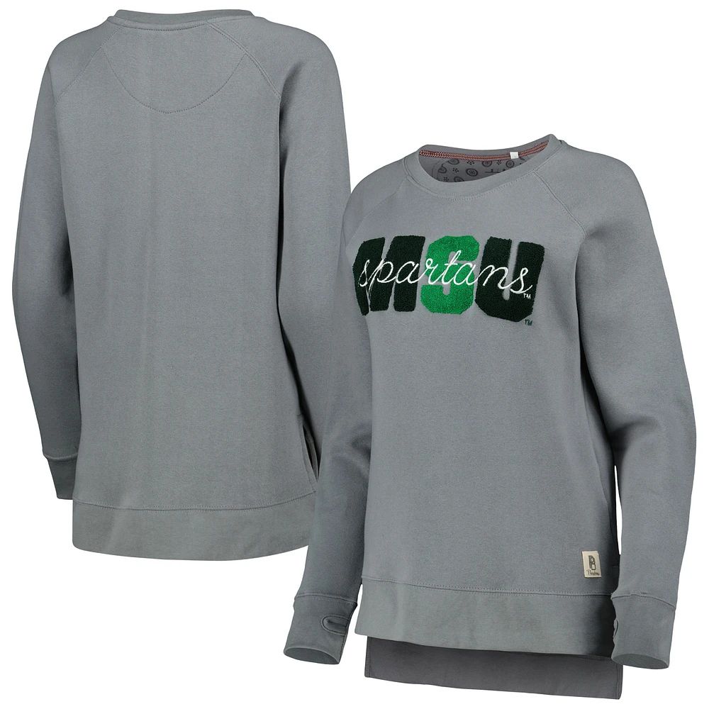 Women's Pressbox Gray Michigan State Spartans Pinehurst Chenille Raglan Pullover Sweatshirt
