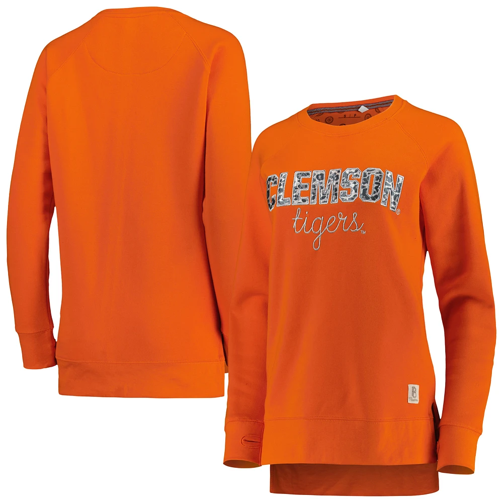 Women's Pressbox Orange Clemson Tigers Steamboat Animal Print Raglan Pullover Sweatshirt