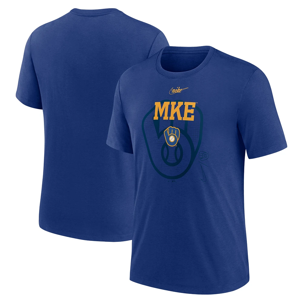 Men's Nike Royal Milwaukee Brewers Rewind Retro Tri-Blend T-Shirt