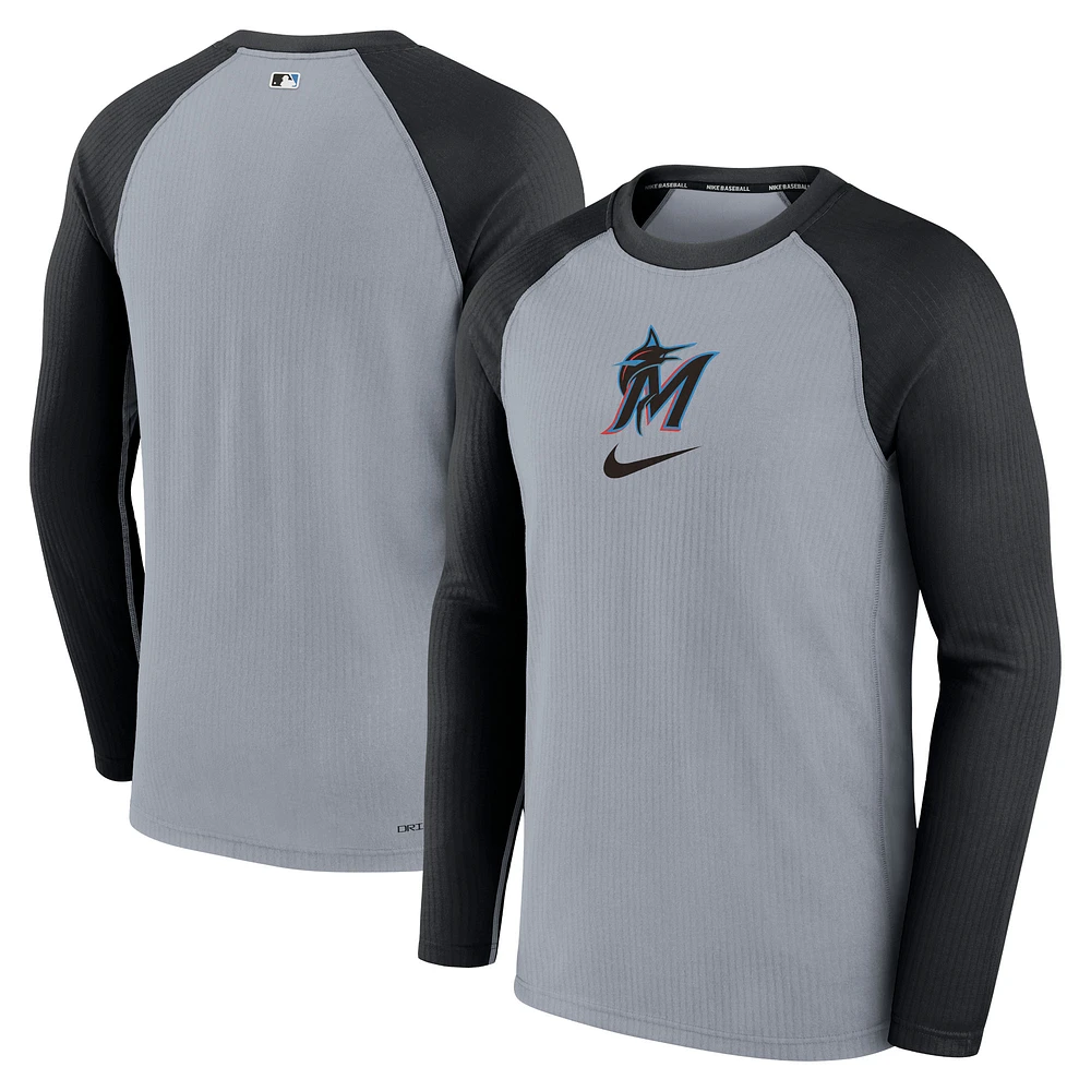 Men's Nike Gray Miami Marlins Authentic Collection Game Raglan Performance Long Sleeve T-Shirt