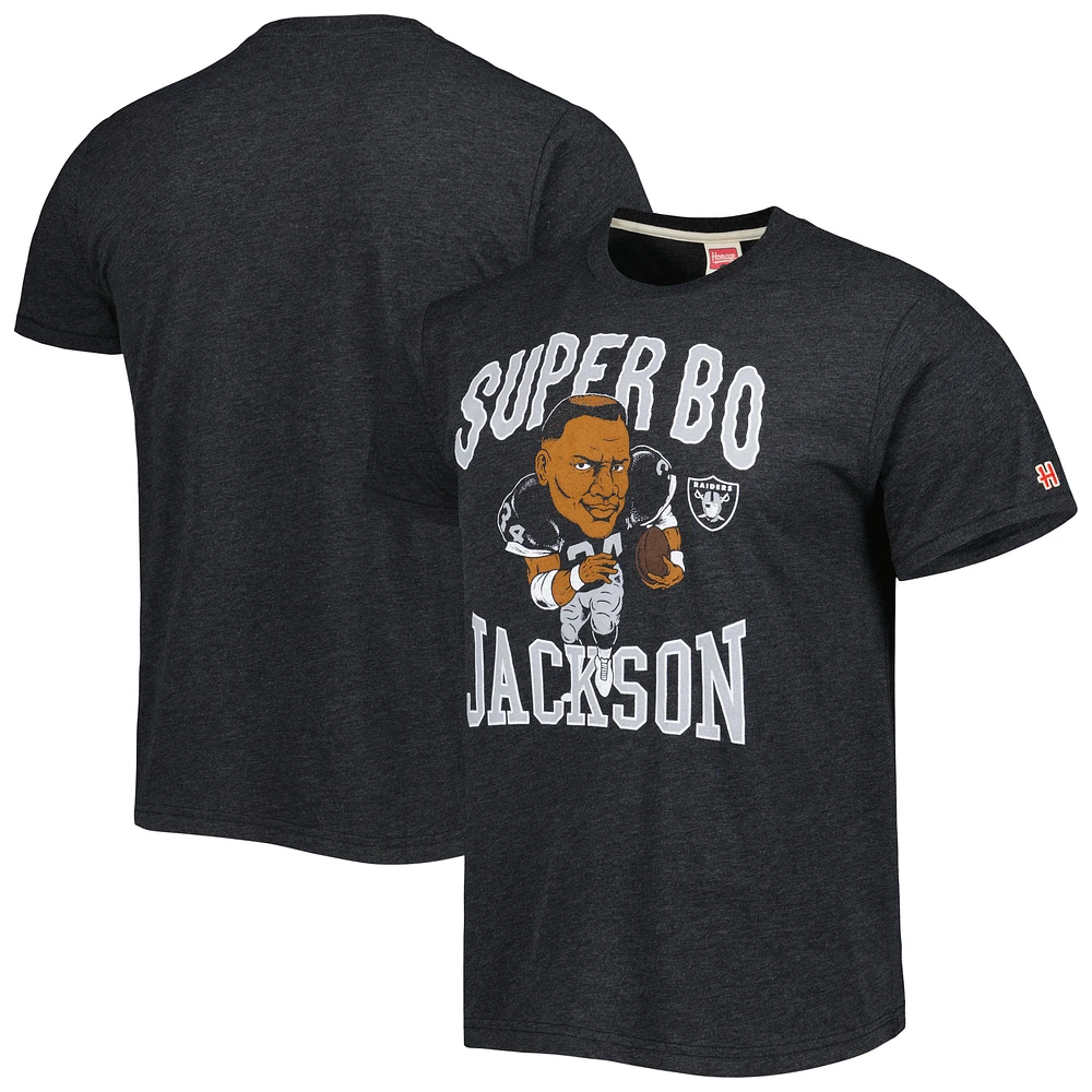 Men's Homage Bo Jackson Heathered Heather Black Las Vegas Raiders Caricature Retired Player Tri-Blend T-Shirt