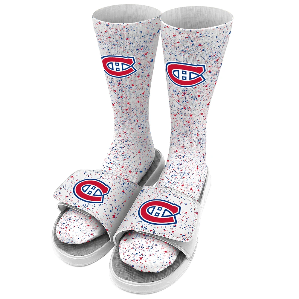Men's ISlide White Montreal Canadiens Speckle Socks & Slide Sandals Bundle