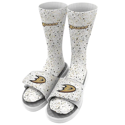 Men's ISlide White Anaheim Ducks Speckle Socks & Slide Sandals Bundle