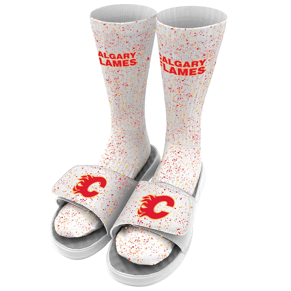 Men's ISlide White Calgary Flames Speckle Socks & Slide Sandals Bundle