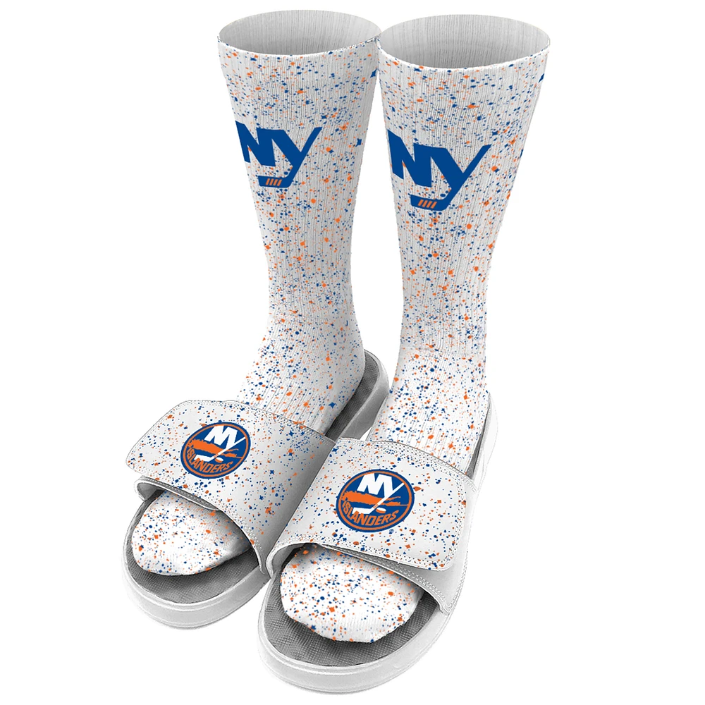 Men's ISlide White New York Islanders Speckle Socks & Slide Sandals Bundle