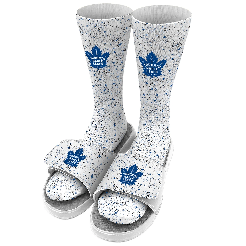 Men's ISlide White Toronto Maple Leafs Speckle Socks & Slide Sandals Bundle