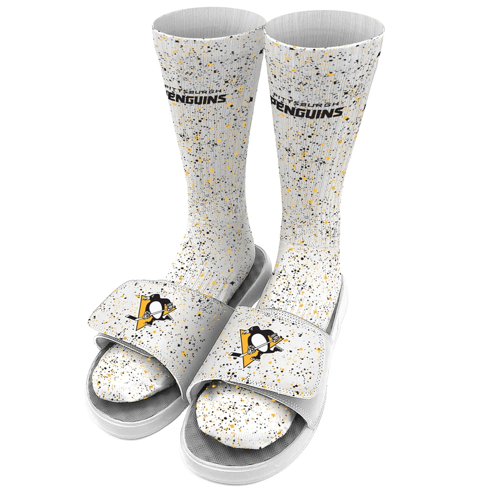 Men's ISlide White Pittsburgh Penguins Speckle Socks & Slide Sandals Bundle