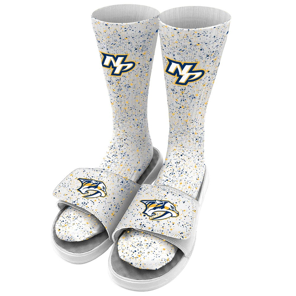 Men's ISlide White Nashville Predators Speckle Socks & Slide Sandals Bundle