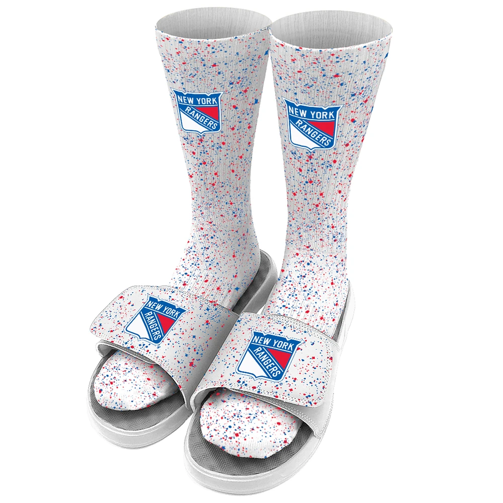 Men's ISlide White New York Rangers Speckle Socks & Slide Sandals Bundle