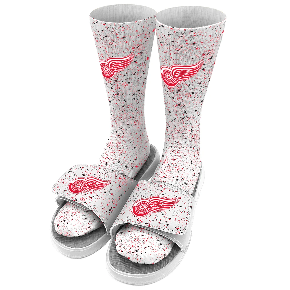 Men's ISlide White Detroit Red Wings Speckle Socks & Slide Sandals Bundle