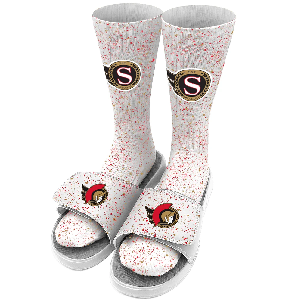 Men's ISlide White Ottawa Senators Speckle Socks & Slide Sandals Bundle