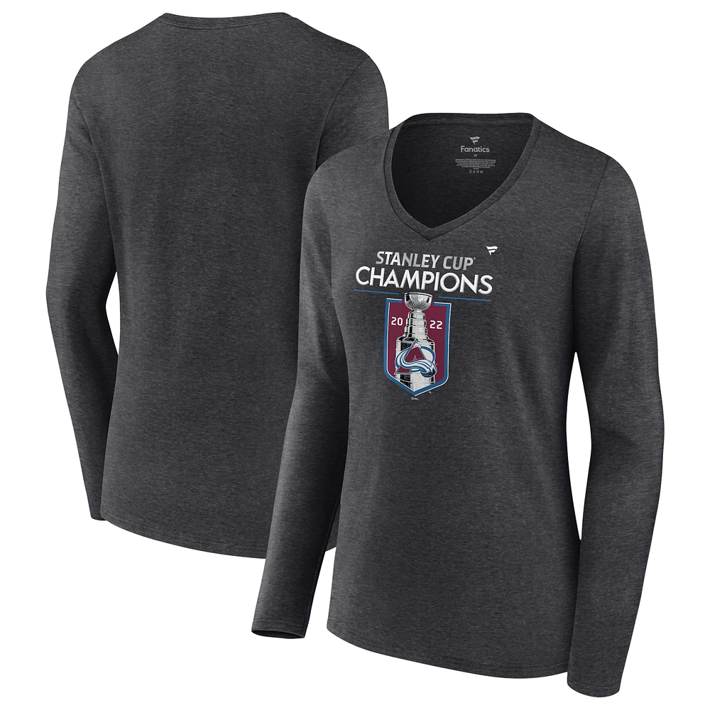 Women's Fanatics Heathered Charcoal Colorado Avalanche 2022 Stanley Cup Champions Locker Room V-Neck Long Sleeve T-Shirt
