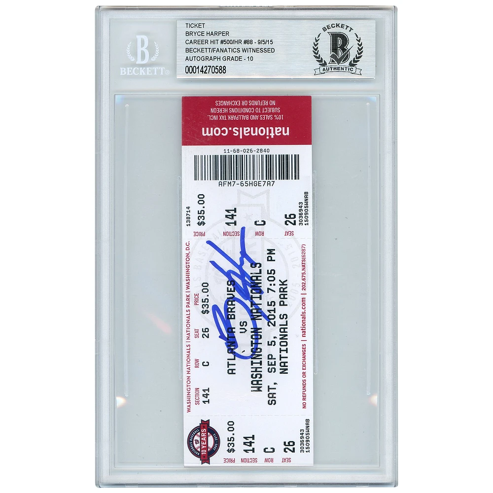 Bryce Harper Washington Nationals Autographed 500th Career Hit and 88th Career Home Run Game Ticket - Beckett/Fanatics Graded 10