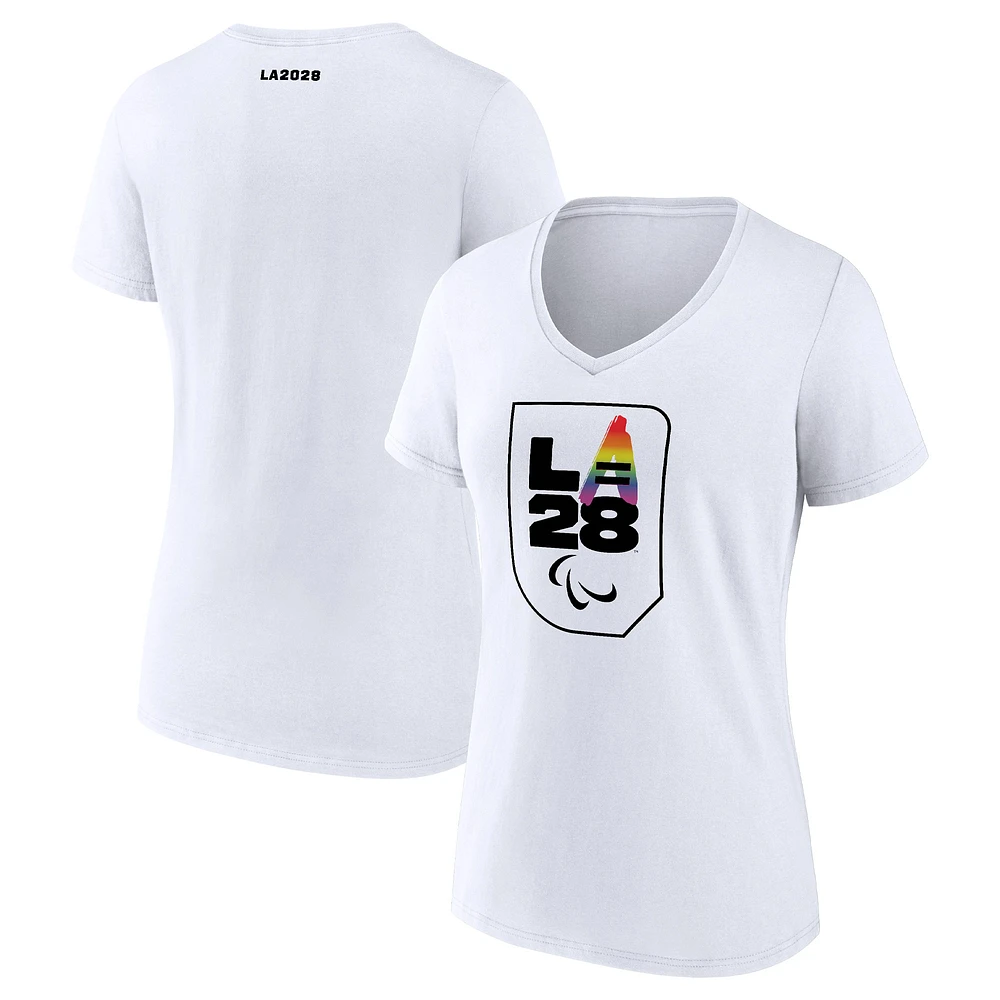 Women's White LA 2028 Summer Paralympics Logo Pride V-Neck T-Shirt