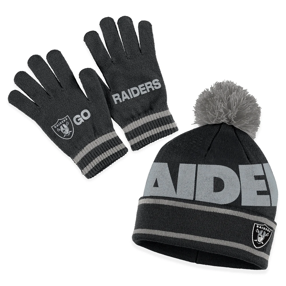 Women's WEAR by Erin Andrews Black Las Vegas Raiders Double Jacquard Cuffed Knit Hat with Pom and Gloves Set