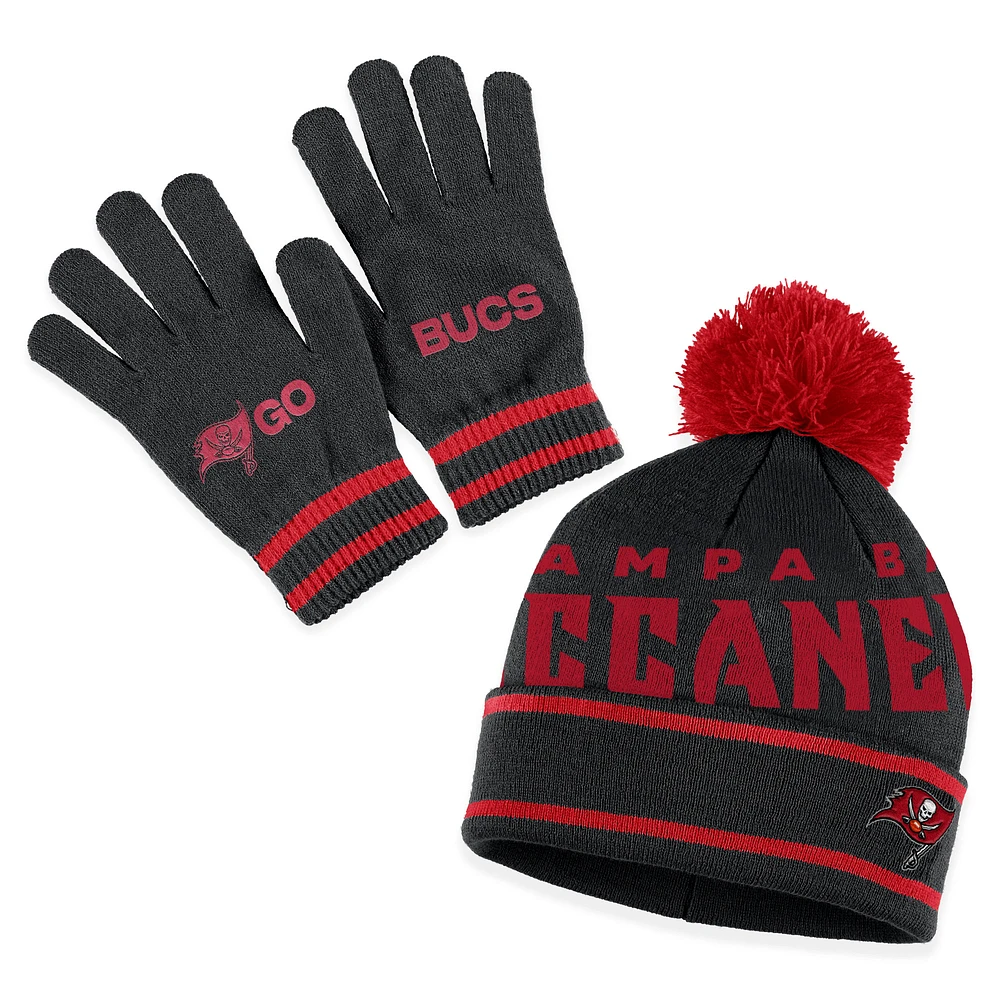 Women's WEAR by Erin Andrews Black Tampa Bay Buccaneers Double Jacquard Cuffed Knit Hat with Pom and Gloves Set