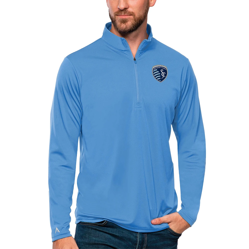 Men's Antigua Light Blue Sporting Kansas City Tribute Quarter-Zip Pullover Top