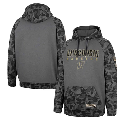 Men's Colosseum Charcoal Wisconsin Badgers OHT Military Appreciation Camo Stack Raglan Pullover Hoodie