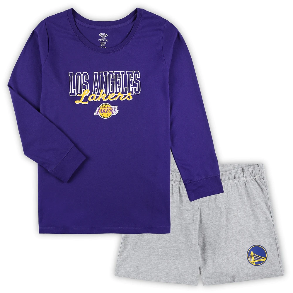 Women's Concepts Sport Purple/Heather Gray Los Angeles Lakers Plus Long Sleeve Top and Shorts Sleep Set