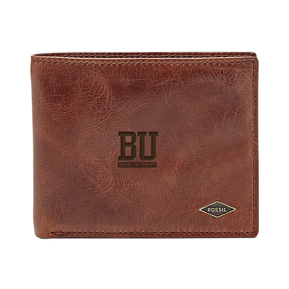 Men's Fossil Brown Boston University Leather Ryan RFID Flip ID Bifold Wallet