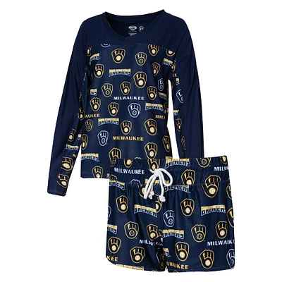 Women's Concepts Sport Navy Milwaukee Brewers Breakthrough Long Sleeve V-Neck Top & Shorts Sleep Set