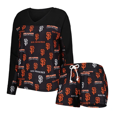 Women's Concepts Sport Black San Francisco Giants Breakthrough Long Sleeve V-Neck Top & Shorts Sleep Set