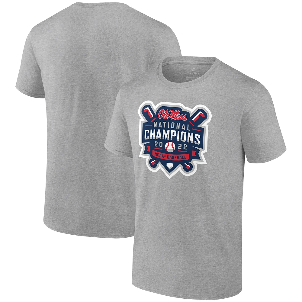 Men's Fanatics Heathered Gray Ole Miss Rebels 2022 NCAA Men's Baseball College World Series Champions Official Logo T-Shirt