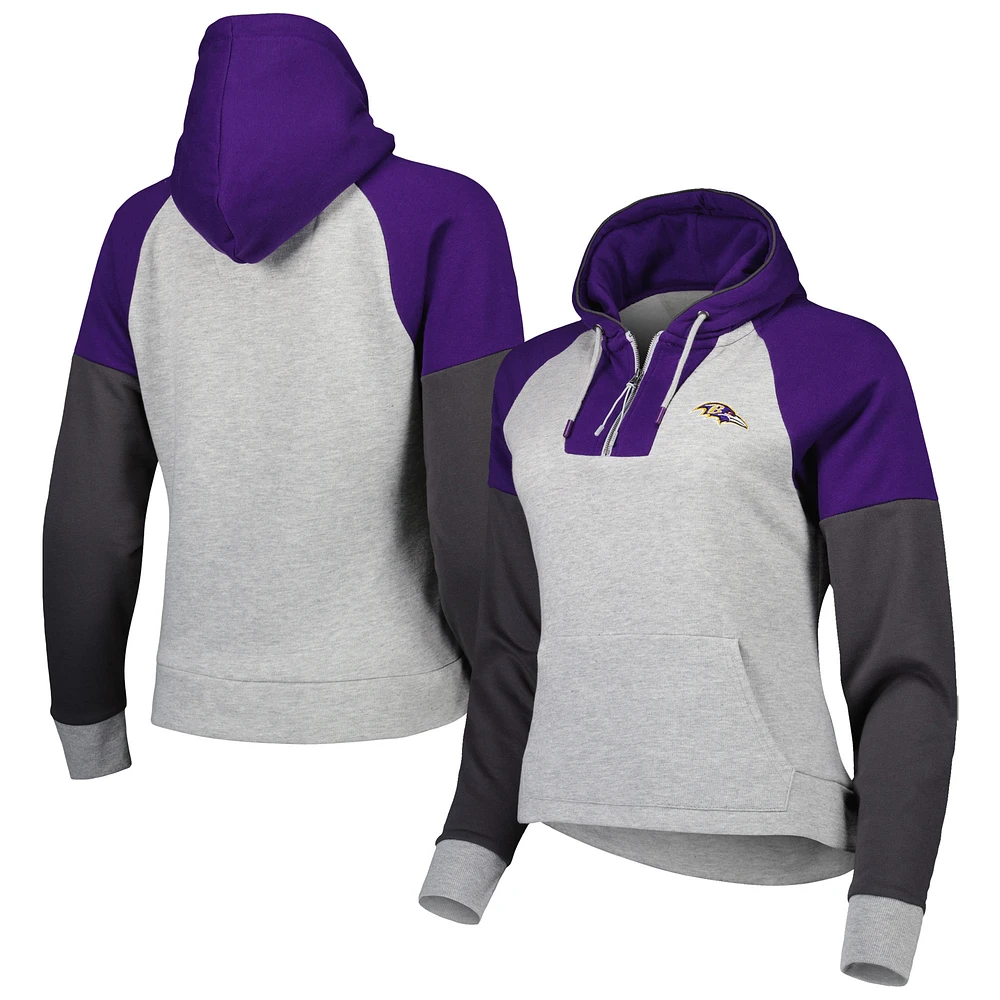 Women's Antigua Heather Gray Baltimore Ravens Lightweight Jackpot Raglan Half-Zip Pullover Hoodie