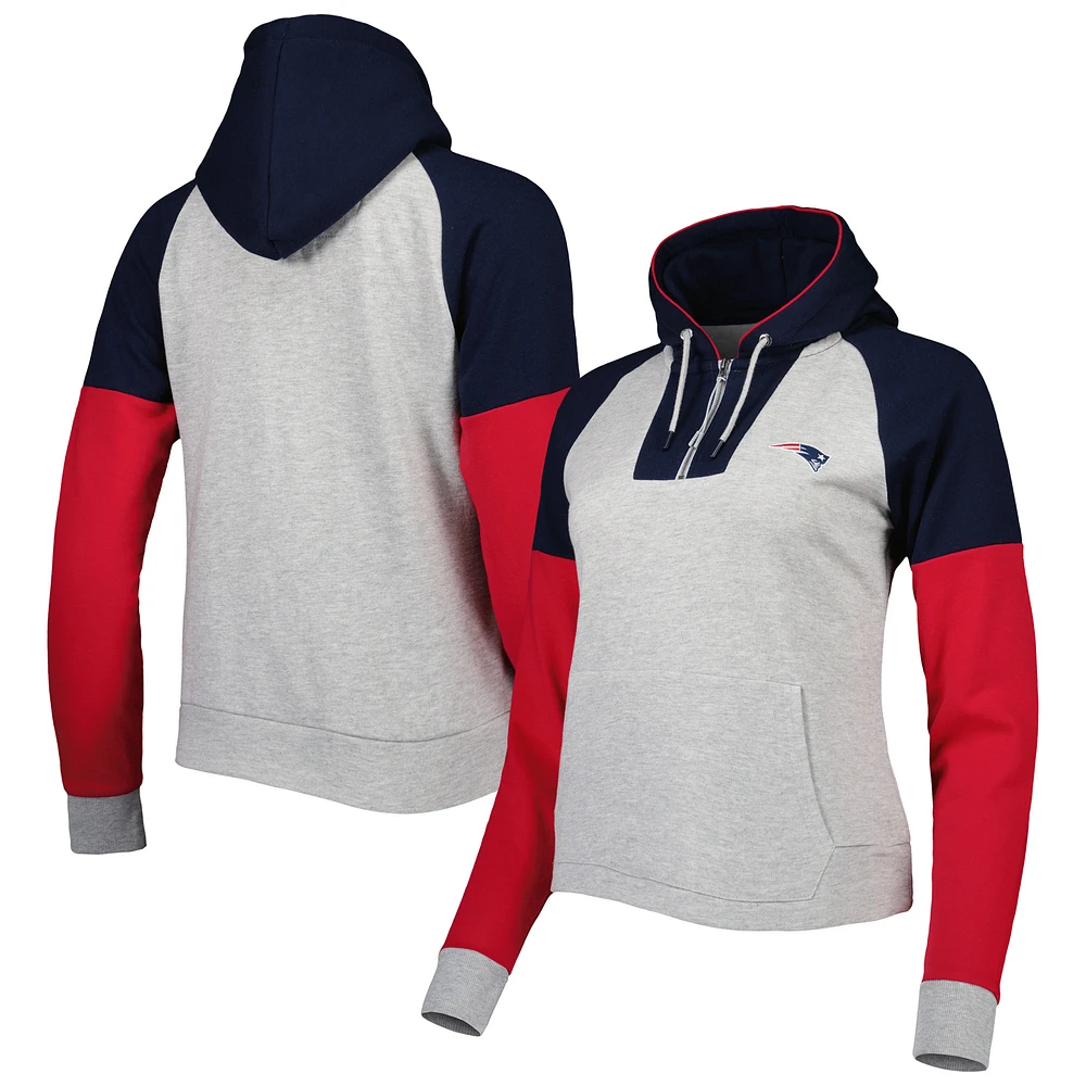 Women's Antigua Heather Gray New England Patriots Lightweight Jackpot Raglan Half-Zip Pullover Hoodie