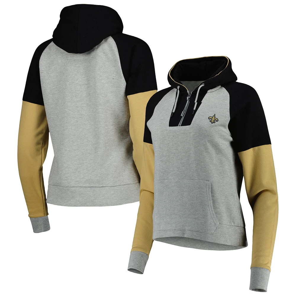 Women's Antigua Heather Gray New Orleans Saints Lightweight Jackpot Raglan Half-Zip Pullover Hoodie