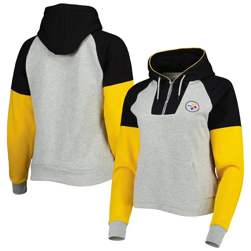 Women's Antigua Heather Gray Pittsburgh Steelers Lightweight Jackpot Raglan Half-Zip Pullover Hoodie