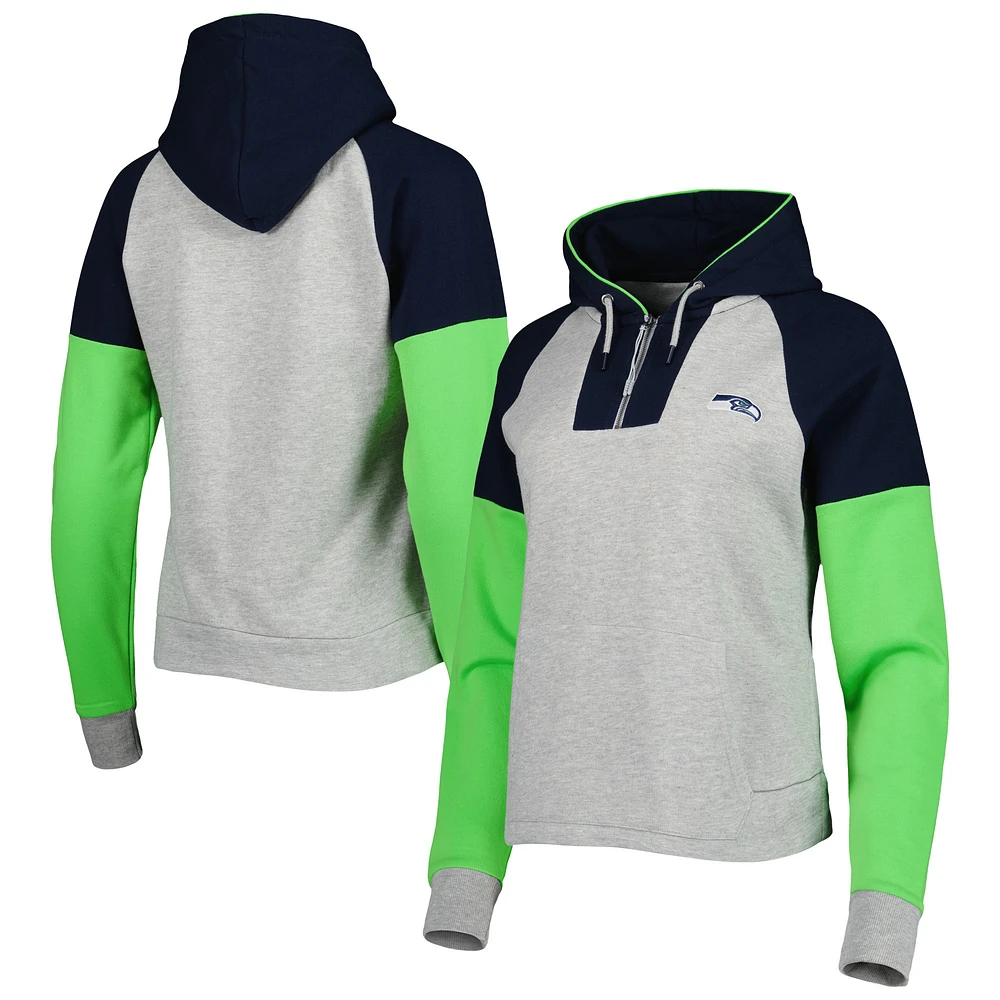 Women's Antigua Heather Gray Seattle Seahawks Lightweight Jackpot Raglan Half-Zip Pullover Hoodie