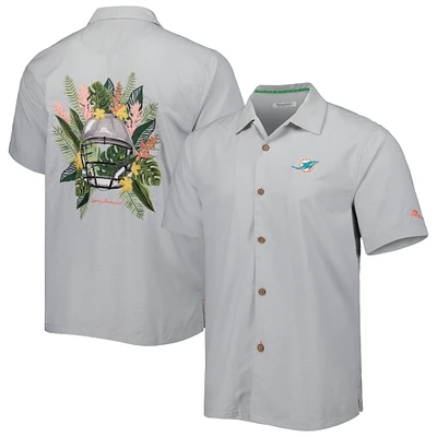 Men's Tommy Bahama Gray Miami Dolphins Coconut Point Frondly Fan Camp IslandZone Button-Up Shirt